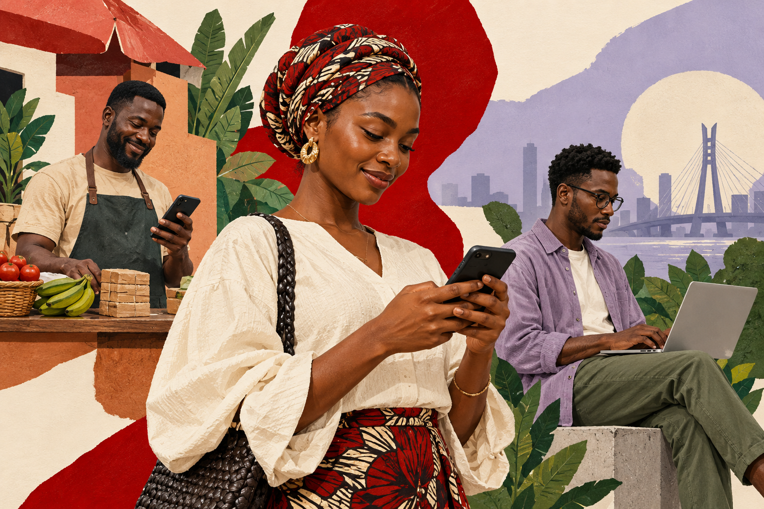 Illustration of people using phones and a laptop for everyday payments.